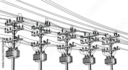 Silhouette utility poles with multiple crossarms, insulators, transformers and interconnected power lines, vector illustration for stock content in electricity distribution infrastructure systems