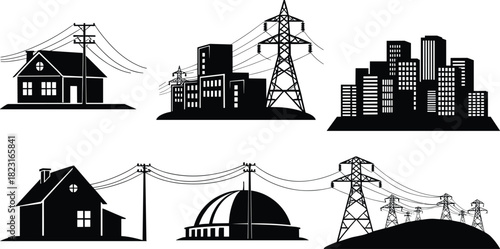 Silhouette utility poles, transmission towers, power plant and residential buildings connected by power lines, vector illustration for stock content in energy distribution systems
