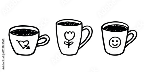 Set of cute hand drawn cup of tea or coffee Simple mug clipart Cozy home doodle Single element for design