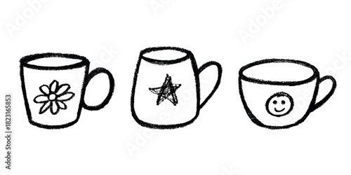 Set of cute hand drawn cup of tea or coffee Simple mug clipart Cozy home doodle Single element for design