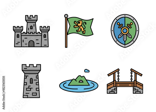 Medieval castle fortress and heraldry flat icons set