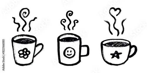 Set of cup of tea or coffee with rising steam Simple mug clipart Cozy home doodle Single element for print, web, design, decor