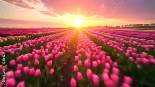 Stunning time-lapse of a field of blooming pink tulips during a beautiful sunset in the spring