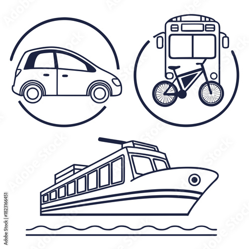 A collection of simple line art icons representing different modes of transportation including a car a bicycle and a train and a boat on water