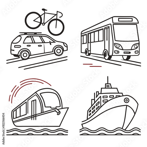 A collection of simple outline icons representing various modes of transportation including a car with a bicycle on its roof a bus a train and a ship