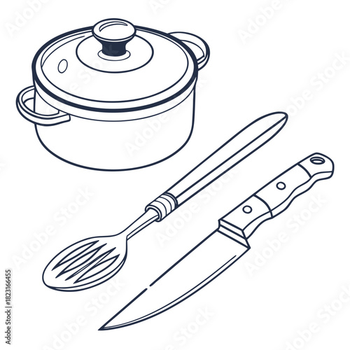 A simple line drawing illustration of a cooking pot with a lid next to a slotted spoon and a chef s knife on a white background