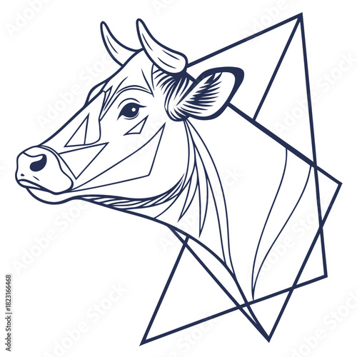 Elegant minimalist line art illustration of a cow s head with geometric shapes and abstract lines on a white background