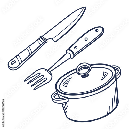 A simple hand drawn outline illustration of a cooking pot with a lid a fork and a knife representing kitchenware and culinary tools for food preparation and cooking