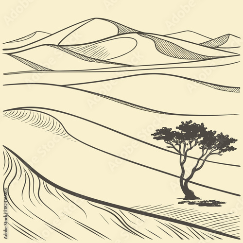 A stark and minimalist line drawing depicts rolling desert sand dunes under a pale sky with a solitary acacia tree standing resiliently in the foreground