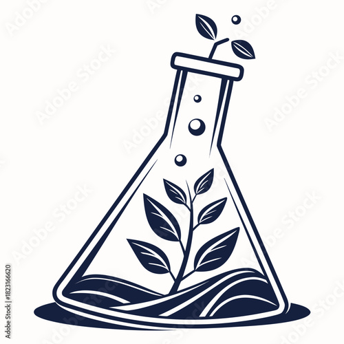A stylized dark blue and white illustration of a plant growing inside a laboratory flask symbolizing scientific research and botanical development