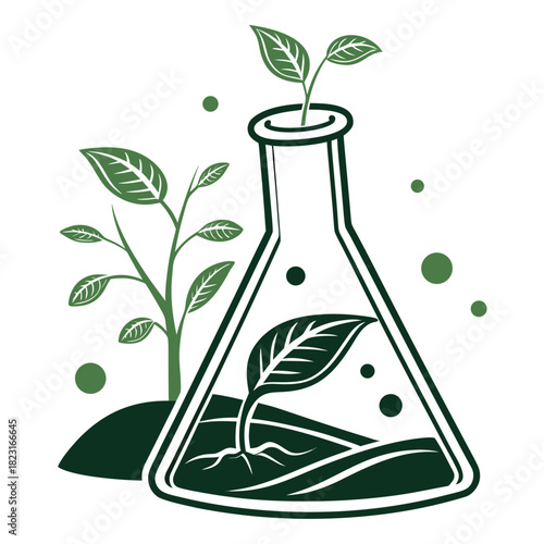 A scientific illustration depicting a laboratory flask containing a growing plant with roots and soil symbolizing biotechnology and plant research