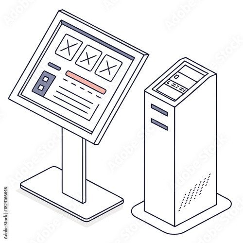 Modern interactive kiosk and digital display stand with touchscreen interface for information access and customer engagement in a clean isometric illustration