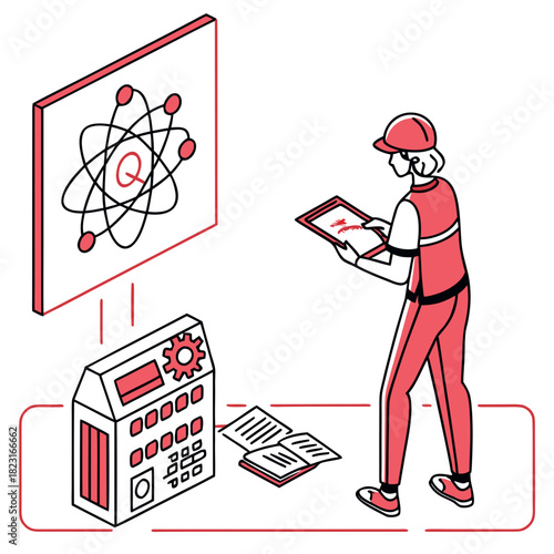 A scientist wearing a hard hat and uniform examines a tablet displaying a quantum symbol while standing near a complex machine and an atomic diagram