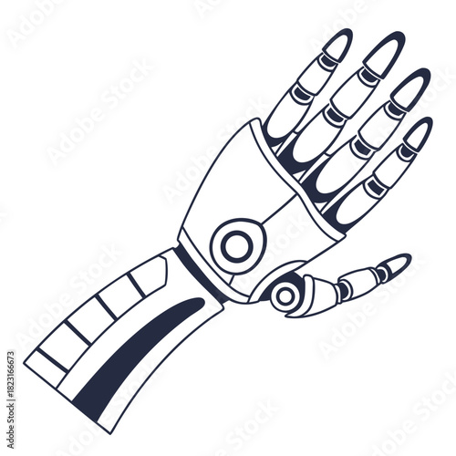 Stylized line art illustration of a futuristic robotic hand with articulated fingers and a mechanical wrist conveying technology and innovation