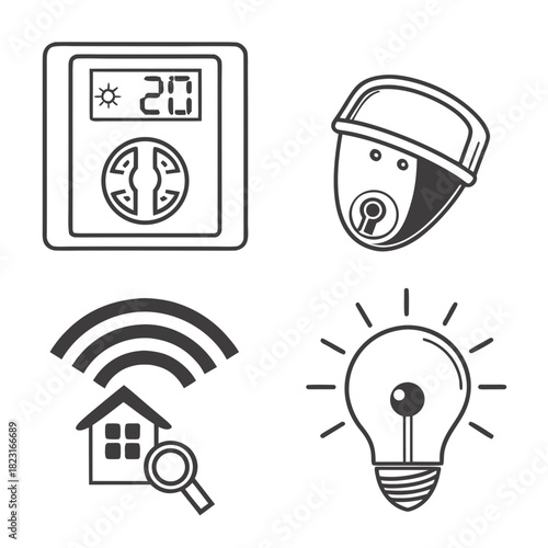 Collection of four simple line art icons representing smart home technology including a thermostat security camera wireless house and a light bulb