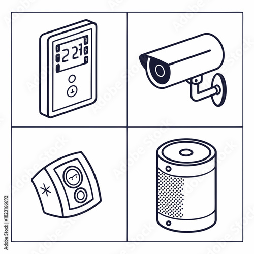 A collection of four isometric line art icons representing smart home devices including a thermostat security camera smart speaker and a wireless doorbell or intercom