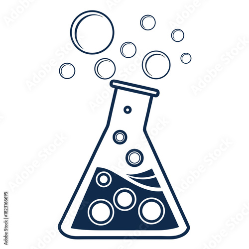 A simple dark blue outline illustration of a laboratory erlenmeyer flask with bubbling liquid and rising bubbles against a white background representing scientific experimentation and discovery