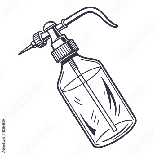 A simple hand drawn line art illustration of a clear glass spray bottle with a long curved spout and a thin tube extending into the liquid inside