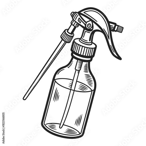 A detailed black and white line drawing illustration of a clear glass spray bottle filled with liquid and a long tube extending from the nozzle against a white background
