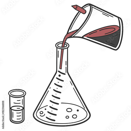 Hand drawn illustration of a laboratory experiment with red liquid being poured from a beaker into a graduated erlenmeyer flask next to a small measuring cylinder
