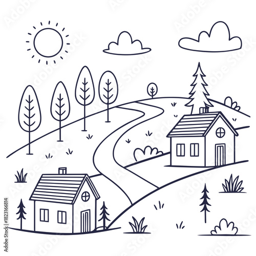 Charming hand drawn outline illustration of a picturesque rural landscape featuring two cozy houses nestled amongst rolling hills trees and a winding road under a sunny sky with fluffy clouds