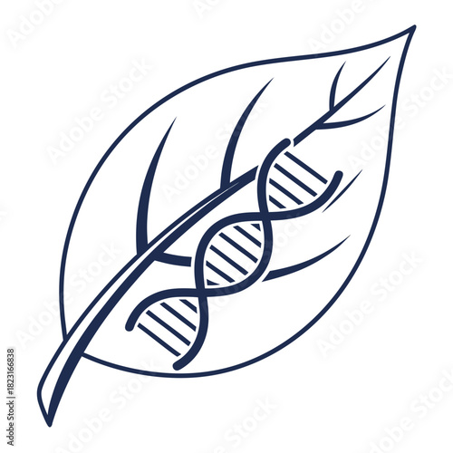 A stylized dark blue line drawing of a leaf with a dna double helix integrated into its structure symbolizing biotechnology and genetic engineering in nature