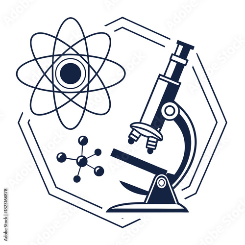A stylized dark blue scientific illustration featuring a microscope an atomic model and a molecular structure within a hexagonal frame representing research and discovery