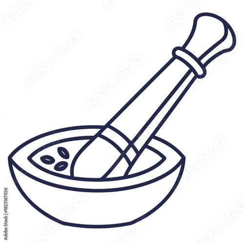 A simple line art illustration of a mortar and pestle with a few seeds inside the bowl perfect for culinary or medicinal concepts