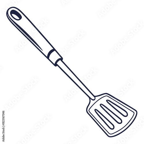 A simple clean line drawing illustration of a slotted spatula a kitchen utensil used for flipping and serving food isolated on a white background