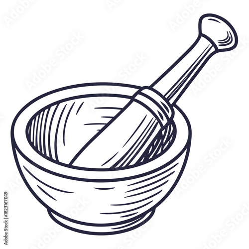 A simple hand drawn sketch of a mortar and pestle a traditional kitchen tool used for grinding and crushing ingredients presented in a clean outline style