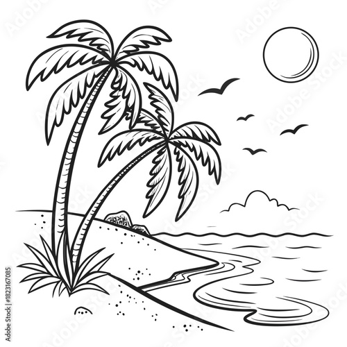 A serene black and white line drawing depicts a tropical beach scene with two palm trees swaying gently under a bright sun with birds flying in the sky above the ocean waves
