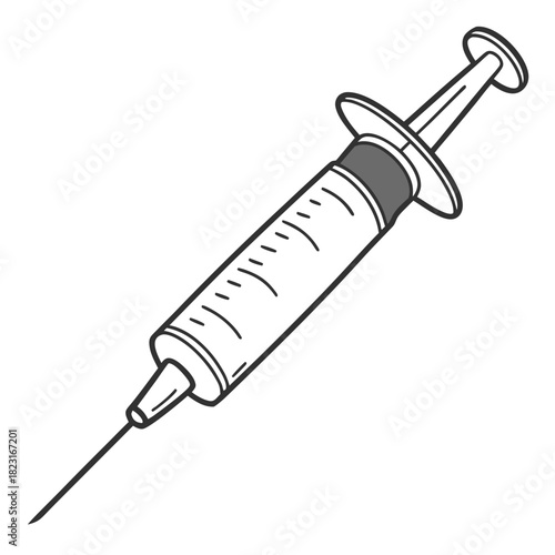 A simple black and white line drawing illustration of a medical syringe with a needle and measurement markings on a white background representing healthcare and medical procedures
