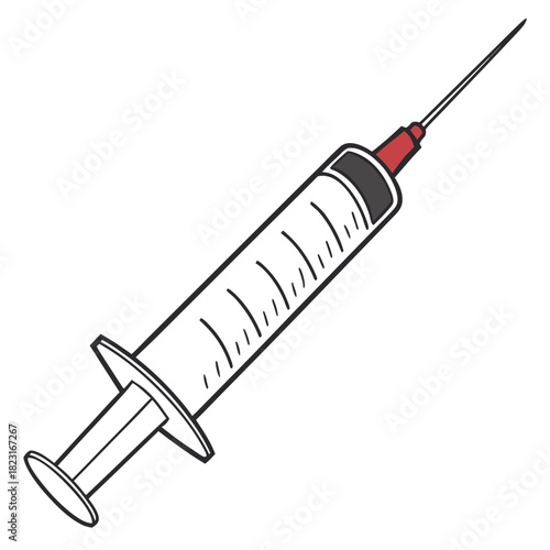 A simple cartoon illustration of a medical syringe with a sharp needle and measurement markings on the barrel isolated on a white background