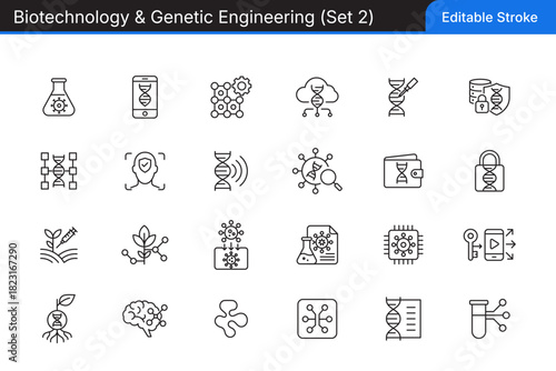 Editable Stroke Line Biotechnology & Genetic Engineering Monoline Icon Set 2