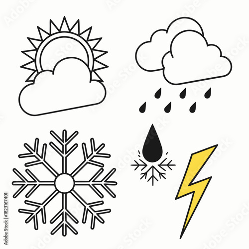 A collection of weather icons including sun behind clouds rain snowflakes a drop of water and a lightning bolt representing diverse meteorological conditions
