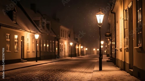 Serene winter night street scene illuminated by glowing street lamps and falling snow