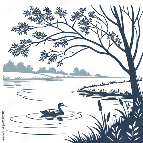 Serene natural landscape illustration featuring a solitary duck swimming in calm water with reeds and trees under a cloudy sky