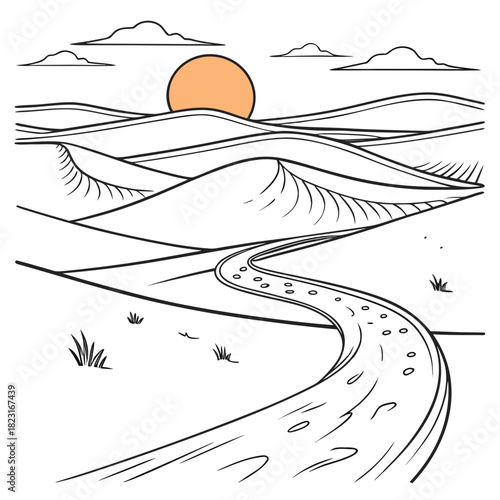 A winding road through rolling hills under a setting sun with scattered clouds and sparse grass in a stylized line art illustration