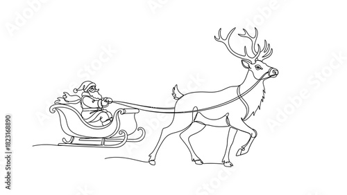 Santa Claus in a sleigh pulled by a reindeer, line drawing.