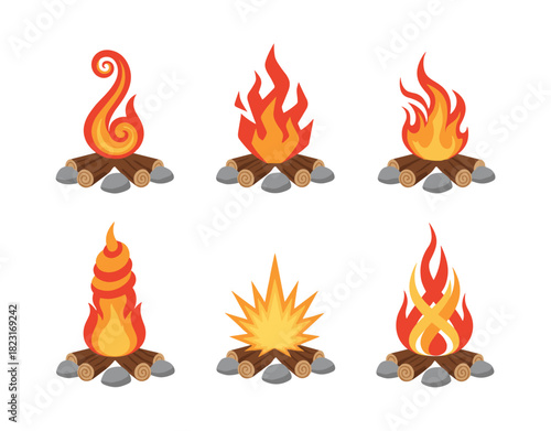 Campfires set with firewood and burning flames collection