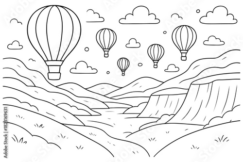 Hot Air Balloons Over Canyon Landscape with River and Clouds Line Art