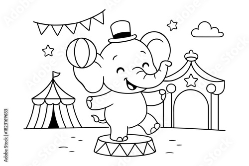 Cute Cartoon Elephant Balancing Ball on Circus Stage with Tents and Flags