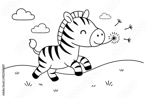 Cute Cartoon Zebra Blowing Dandelion Seeds in a Field with Clouds