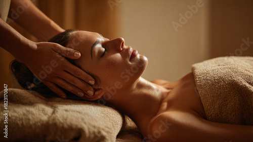 Serene woman receiving a soothing head massage in a tranquil spa setting, promoting relaxation