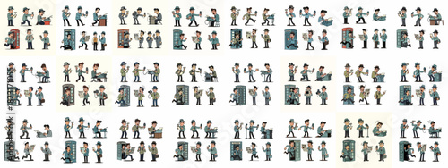 Retro Cartoon Journalist Character Poses Set: Reporter Illustrations Featuring Typing, Interviewing, Rushing from Phone Booths, and Breaking News Reporting.