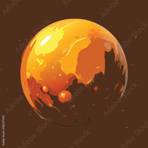 Abstract orange sphere with liquid texture and bubbles Keywords: abstract, sphere, orb, planet, ball, round, orange, yellow, gold, liquid, fluid
