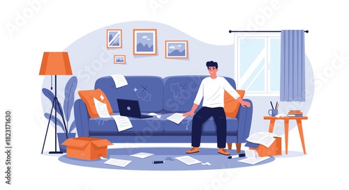 A young man stands in a chaotic and messy living room, surrounded by scattered papers, a laptop, and an open box.