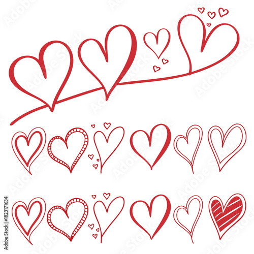 Assortment of red hand-drawn hearts with diverse designs and sizes on a white background love romance