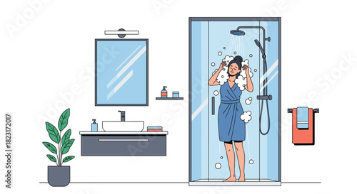 Happy woman with her eyes closed, standing under the shower head and washing her hair with soap bubbles in a contemporary bathroom.