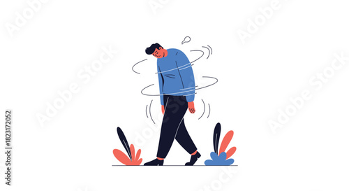 A man in a blue shirt and dark pants walks with his head down, surrounded by swirling lines, indicating dizziness, exhaustion, or being unwell.